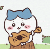 a cartoon cat is playing a guitar in the grass