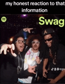 a group of men standing next to each other with a swag logo in the corner .