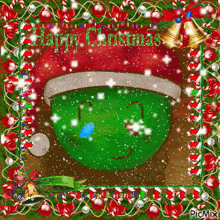 a christmas card with a green face wearing a santa hat and candy canes