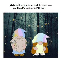 two gnomes are standing in a dark forest with a caption that says adventures