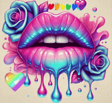 a colorful drawing of a woman 's lips with roses and hearts around it