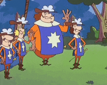 a group of cartoon characters standing next to each other on a grassy field .