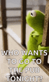 kermit the frog is sitting on a railing and looking out the window .
