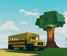 a yellow school bus is parked near a tree