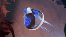 a person holding a sword with blue fingers on it