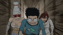 a group of cartoon characters including a boy wearing glasses and a girl wearing a mask