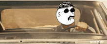 a cartoon of a man driving a car with a sticker that says $ dood on it