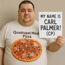 a man holding a sign that says my name is carl palmer ( cp )