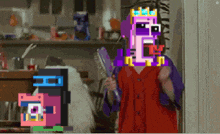 a pixel art of a person holding a brush with the letter h on their face