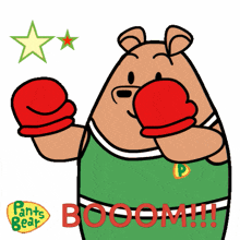 a cartoon of a bear wearing boxing gloves that says booom on it