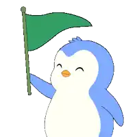 a penguin is holding a green flag in its hand