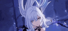 a girl with white hair and ears is holding a sword in her hand .