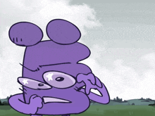 a cartoon drawing of a purple character with a star on his eyes