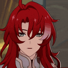 a close up of a red haired anime character