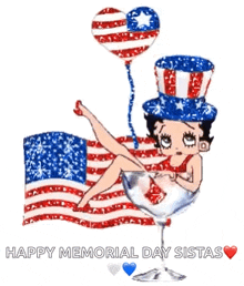 betty boop is sitting in a martini glass with an american flag behind her .