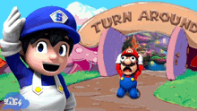 a cartoon character standing in front of a sign that reads turn around