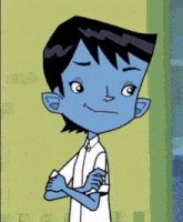 a cartoon boy with blue hair and ears is standing with his arms crossed