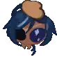 a pixel art drawing of a person with blue hair and sunglasses holding a piece of bread .