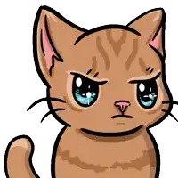 a cartoon drawing of a brown cat with blue eyes