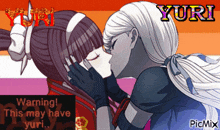 a picture of two girls kissing with yuri written in the upper right corner