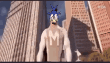 a man with the letter m on his chest is standing in front of a city .