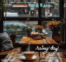 a sign that says rain rain and rainy day on it