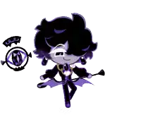 a cartoon character with black hair and purple eyes is standing next to a purple object .
