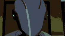 a close up of a robot 's face with glowing green eyes