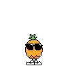 a pineapple wearing sunglasses is standing on a white surface .