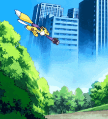 a cartoon fox is flying through the air in front of a city