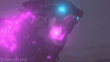 a purple and blue glowing monster with glowing eyes is standing in the dark .