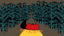 a cartoon of a scarecrow with a pumpkin on his head in a corn field