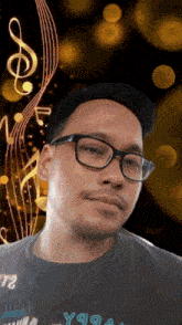 a man wearing glasses and a shirt that says t2 on it