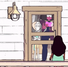 a cartoon of a woman standing in front of a door