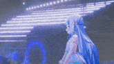 a girl with long blue hair is wearing a mask