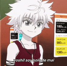 a cartoon character says yoshi soy solo de mai in front of a sign