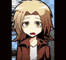 a pixel art of a girl with brown hair and green eyes .