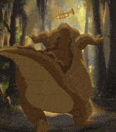 a cartoon frog is playing a trumpet in the woods