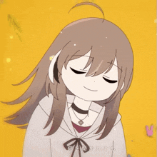 a cartoon of a girl with her eyes closed and a choker on her neck