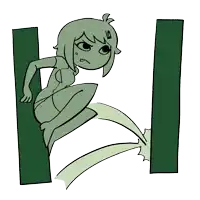 a cartoon drawing of a girl standing next to a green letter l