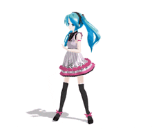 a girl with blue hair is wearing a pink dress and black knee high socks