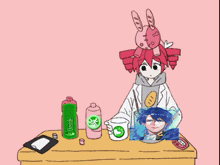 a cartoon of a girl sitting at a table with a bottle of override