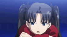 a blue haired anime girl with a red sweater