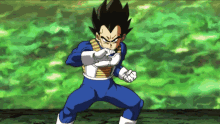 a cartoon character in a blue and white outfit is standing in front of a green background