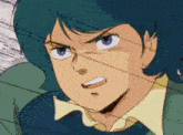 a close up of a cartoon character with blue hair and a yellow shirt