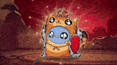 a cartoon cat wearing a crown and holding a red heart