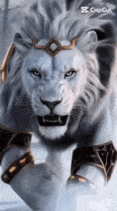 a white lion with a gold crown on its head is walking in the snow .