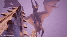 a dragon with wings is flying in the air in a video game called benemoth .
