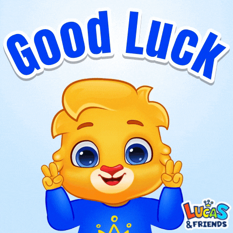 a lucas and friends sticker with a cartoon character and the words good luck