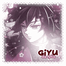 a giyu de lylia sticker with a purple background